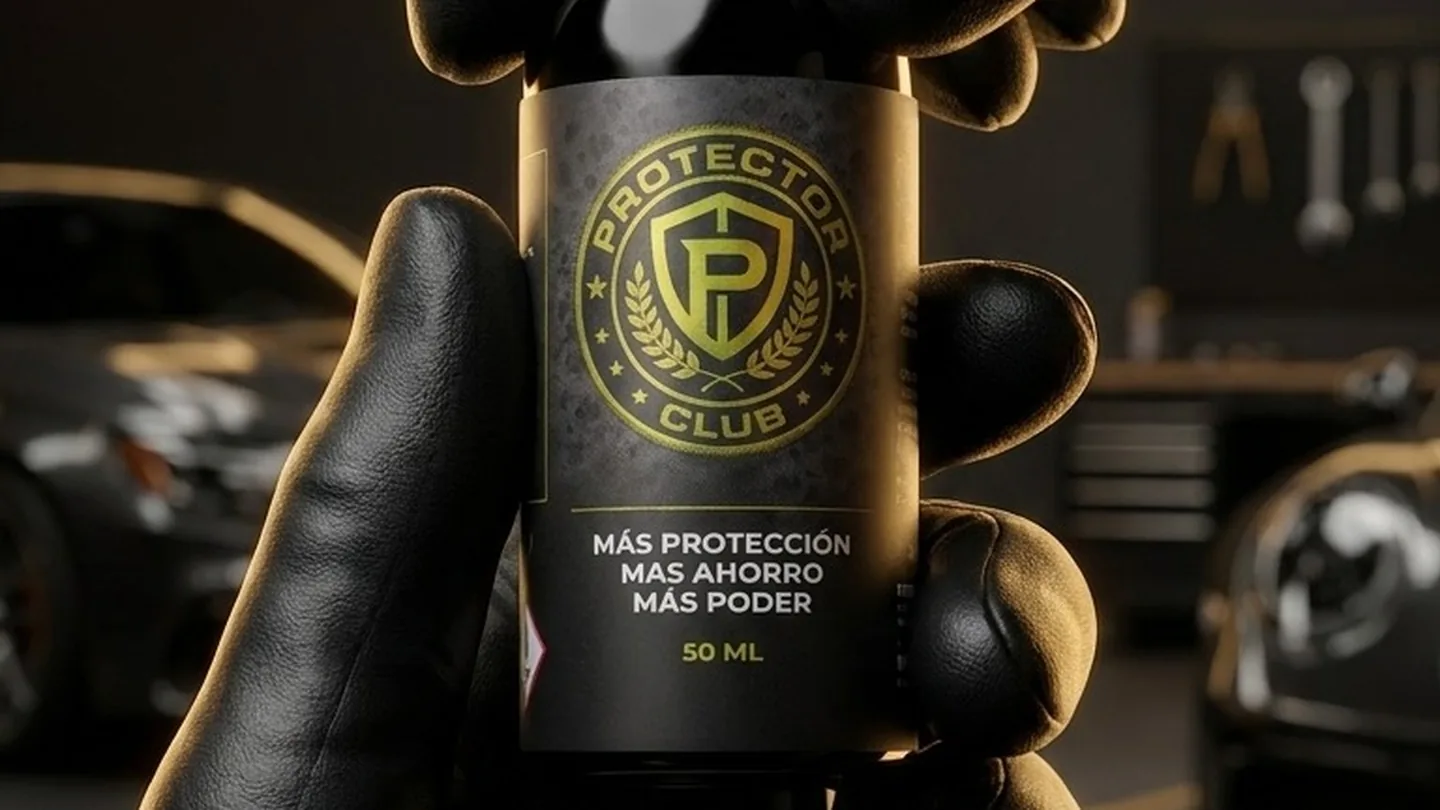 Frasco de Protector sostenido en un taller, con vehículos al fondo