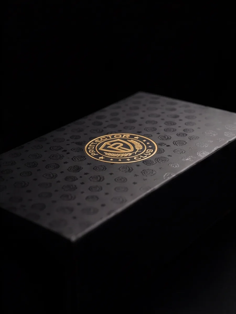 Detalle del emblema Protector Club estampado en dorado sobre la tapa del estuche