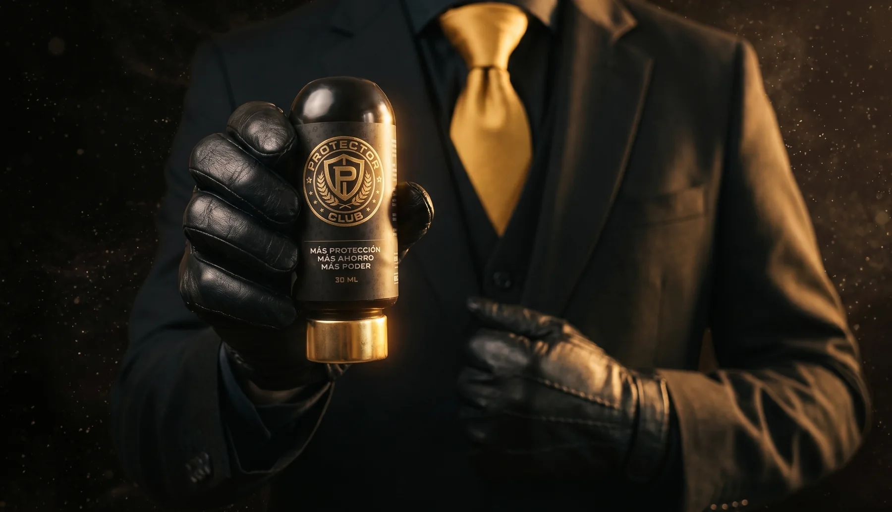 Mano enguantada sosteniendo un frasco de Protector — Aditivo Protector Premium